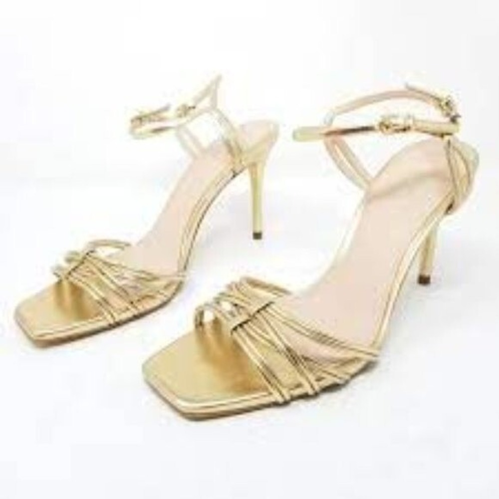 Zara Square‎ Toe Gold Stiletto Sandals Size 8.5